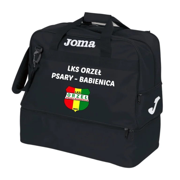 Czarna torba treningowa Joma Training III z herbem klubu LKS Orzeł Psary-Babienica.