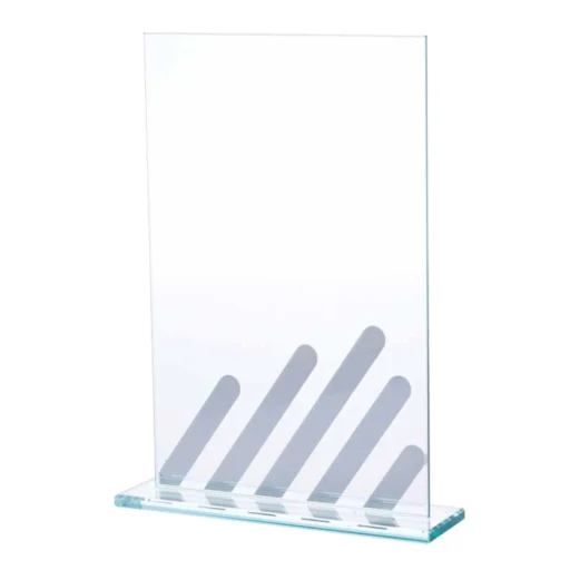 Klasyczna prostokątna statuetka szklana GS8809 o grubości 4 mm z ozdobnym szlifem fasetowym, dostępna w wysokościach 170, 190 i 210 mm.