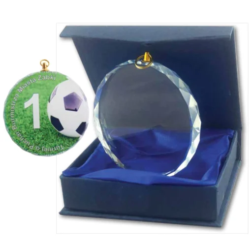 Ekskluzywny medal szklany MG01 o średnicy 70 mm i grubości 10 mm w eleganckim etui – nowoczesne trofeum dla zwycięzców.